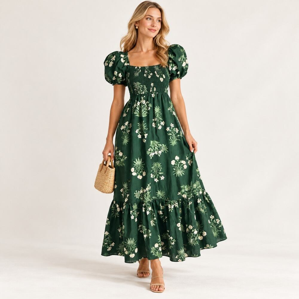 Tuckernuck Gabrielle Viridian Stamped Bouquets Floral Maxi Dress Small